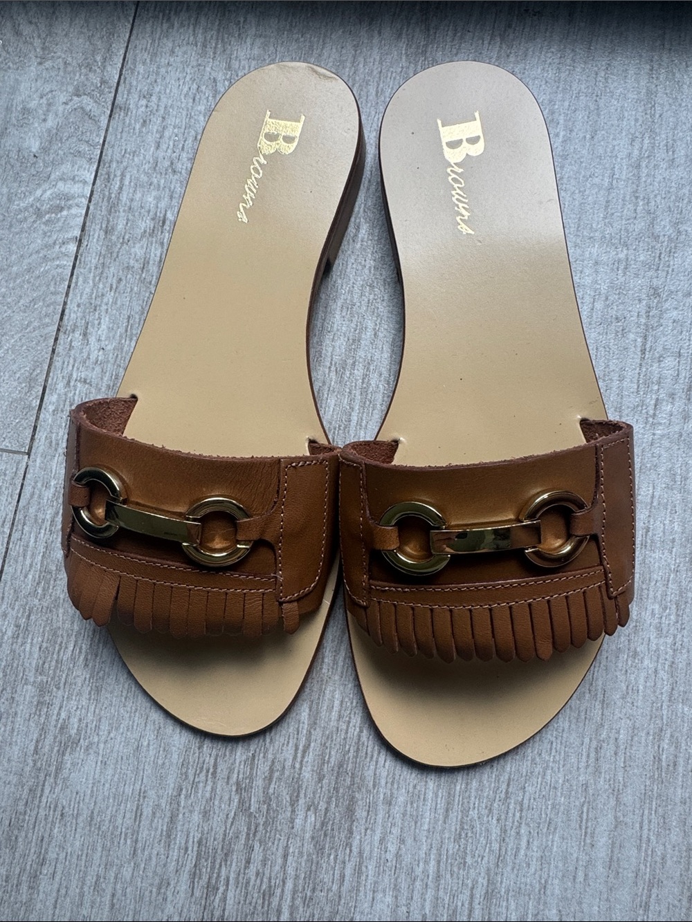 NEW Browns Fringe Slide Sandals with Gold Horsebit Leather Made in Italy 37 7
